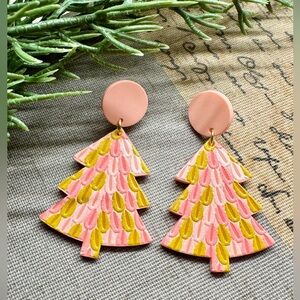New Pink & Green Textured Christmas Tree Retro Style Matte Earrings - 2.25”